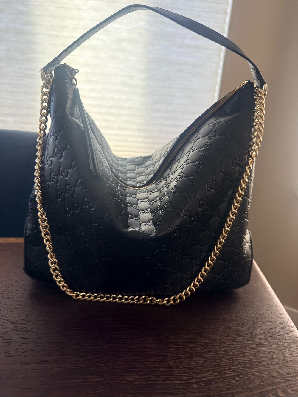 Gucci Black Patent Leather Hobo with Gold Chain Strap: Knock Off